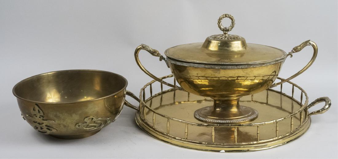 Group of Brass Table Articles: Including a tray, bowl and tureen. Tray, diameter 19 inches. Notice to bidders: Due to the nature of this particular online sale, the lots offered may not be available for detailed condition reports o