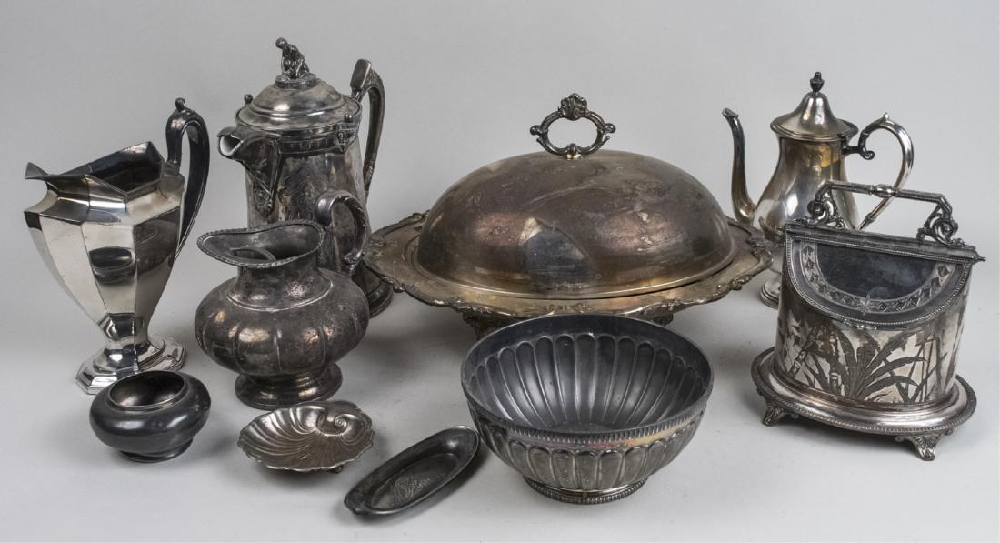 Group of Silver Plated Table Articles: Including a meat tray with dome (electirfied) biscuit barrel, coffee pots, etc. Notice to bidders: Due to the nature of this particular online sale, the lots offered may not be available for detailed 