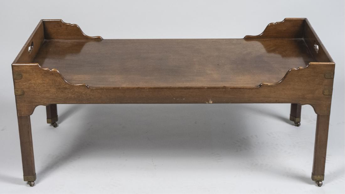Oak Coffee Table: Tray style rectangular top with cutout handles. Height 20 inches, width 45 inches, depth 22 inches. Notice to bidders: Due to the nature of this particular online sale, the lots offered may not be ava