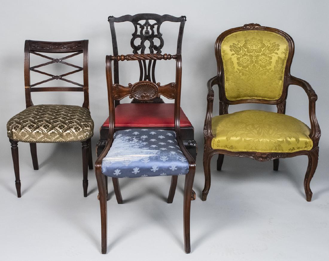 Group of Four Miscellaneous Chairs: Various styles, including English and French style chairs. Tallest height 39 inches, width 20 inches, depth 17 inches. Notice to bidders: Due to the nature of this particular online sale, the lots off