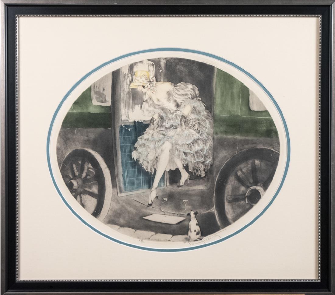 Louis Icart (French, 1888 - 1950): Girl alighting from coach. Handcolored etching and drypoint on paper. Signed in pencil at lower right. and editioned 45/500. Blindstamped. Etched in plate, "Copyright 1929 by Louis Icart." Sight size,