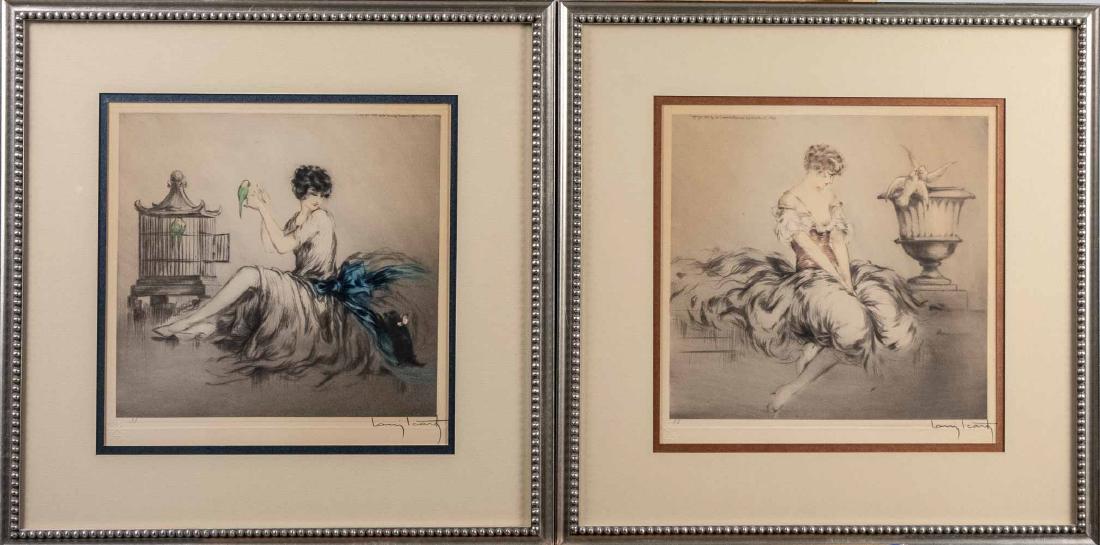 Louis Icart (French, 1888 - 1950): Two images of young women with pets. La Jalousie (Girl with parrots) Handcolored etching and drypoint on paper. Signed in pencil at lower right. Blindstamp. "Copyright 1927 by les Gravures Modernes 19