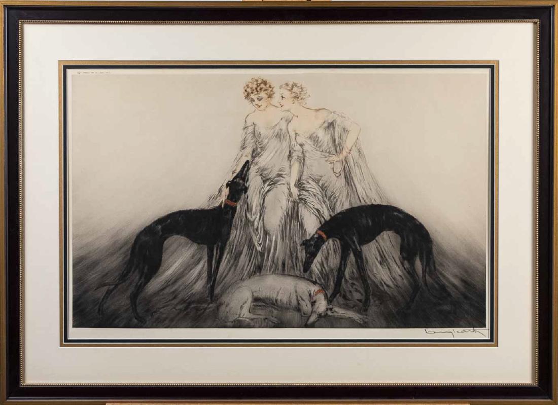 Louis Icart (French, 1888 - 1950): Coursing III. Handcolored etching and drypoint on paper. Signed at lower right. Two blindstamps. "Copyright 1930 Louis Icart Paris" at upper left. Sight size 16 1/4 x 25 1/2 inches. Frame size 24 1/2