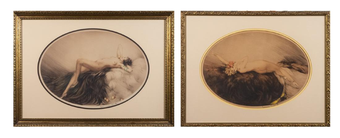 Two by Louis Icart (French, 1888 - 1950): Eve. Sight size, 13 3/4 x 19 inches. E8 Edition Joubert. Frame soze. 21 x 28 inches. Matted and framed. Nude Reclining on Fur Copyright 1929 Sight size 14 x 19 1/4. Frame size 21 x 26 1/2 inches. Matt