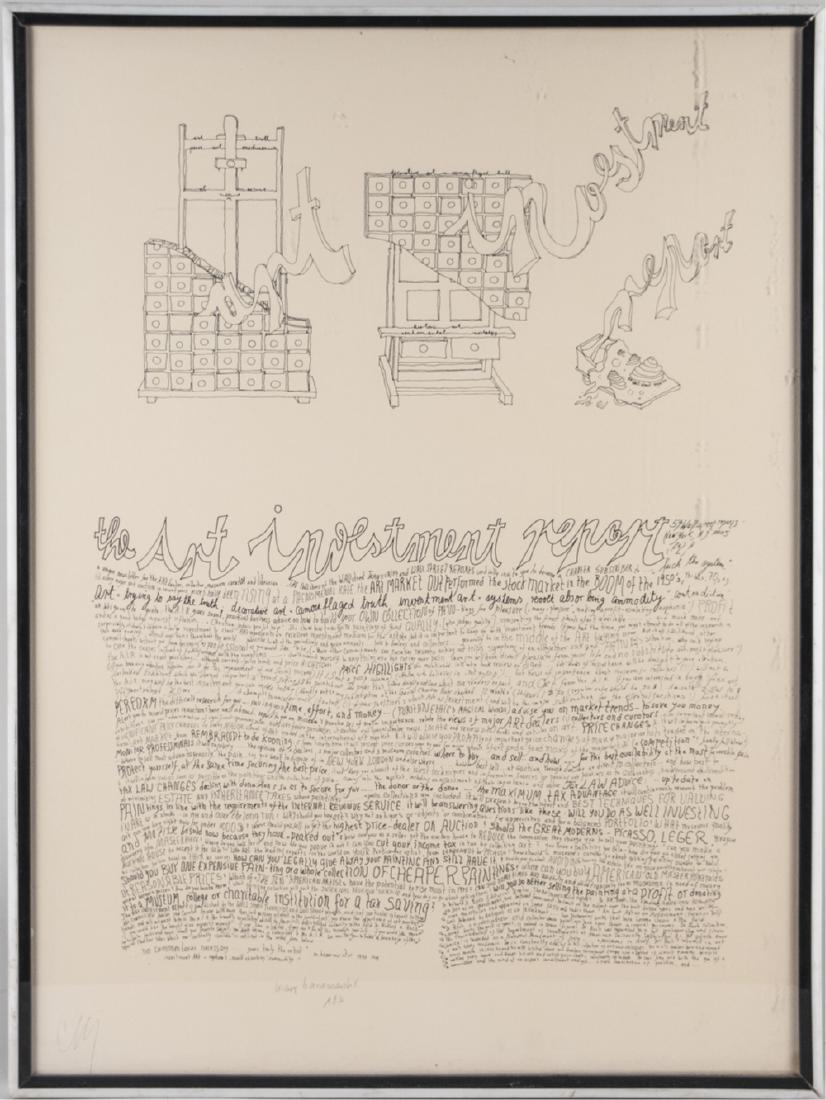 Mary Bauermeister (German, B 1934): "Art Investment Report." Lithograph on Arches paper, 1973. Signed in pencil and in the plate. Stamped at lower left. Frame size, 26 1/2 x 20 inches. Notice to bidders: Condition reports and additional
