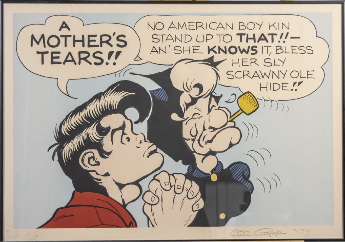 Al Capp (American, 1909 - 1979): A Mothers Tears, Lil Abner and Mamie Yokum. Signed Al Capp and dated 74 at lower right 20 3/4 x 29 1/2 inches. . Stamped and editioned at lower left. Notice to bidders: Condition reports and additiona