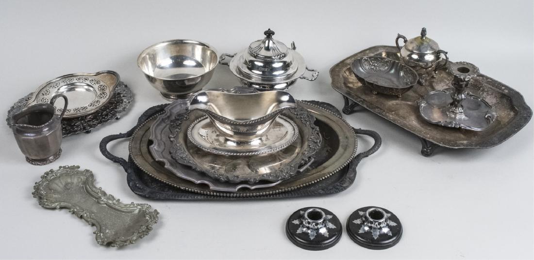 Group of Silver Plated Table Articles: Including five serving trays, butter dish, sauce boat, etc. Notice to bidders: Condition reports and additional photographs are provided by request as a courtesy to our clients, as such any condition