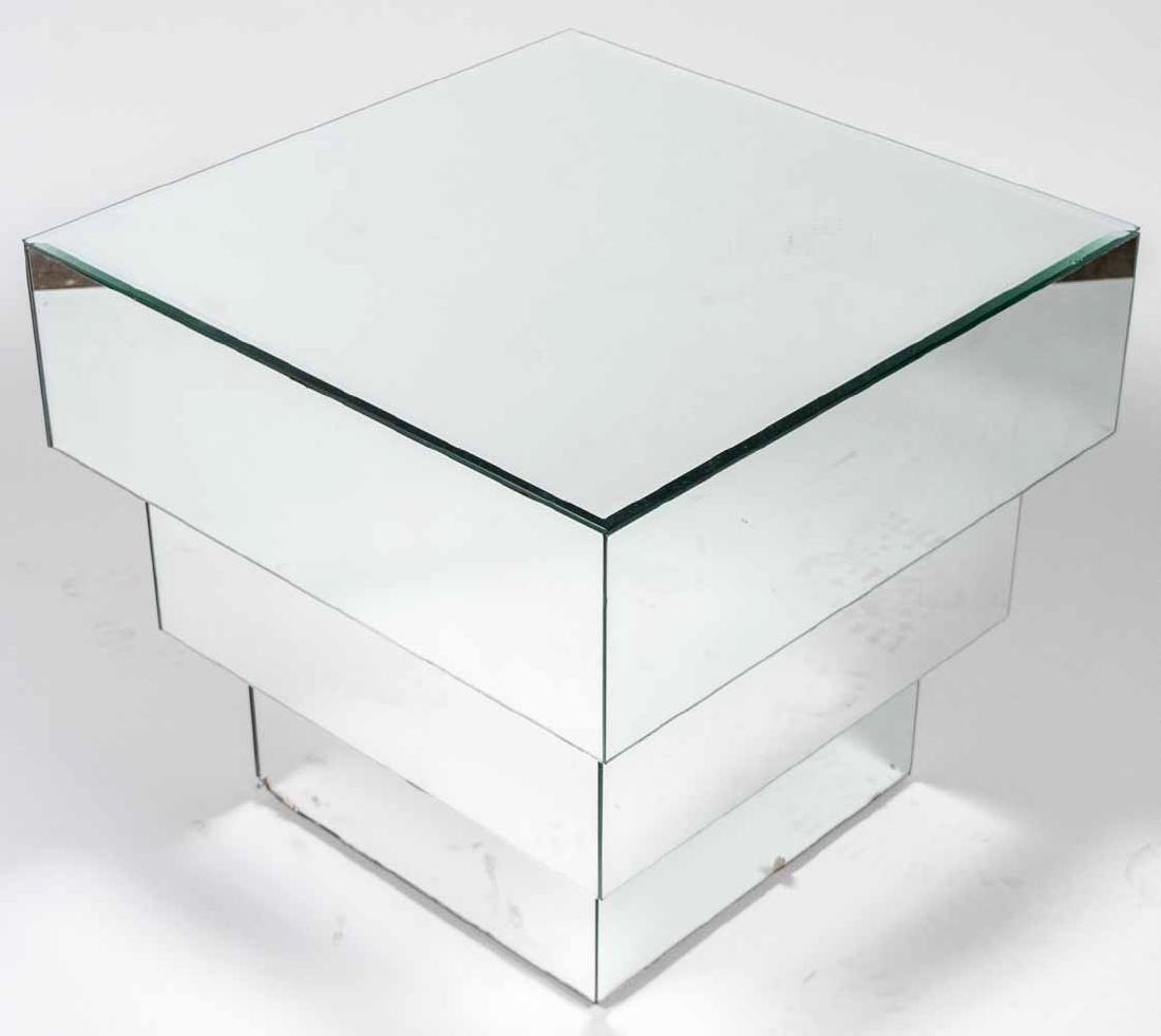 Mirrored Square Side Table: Inverted wedding cake design. Height 21 inches, 24 inches squared. Notice to bidders: Condition reports and additional photographs are provided by request as a courtesy to our clients, as such any con