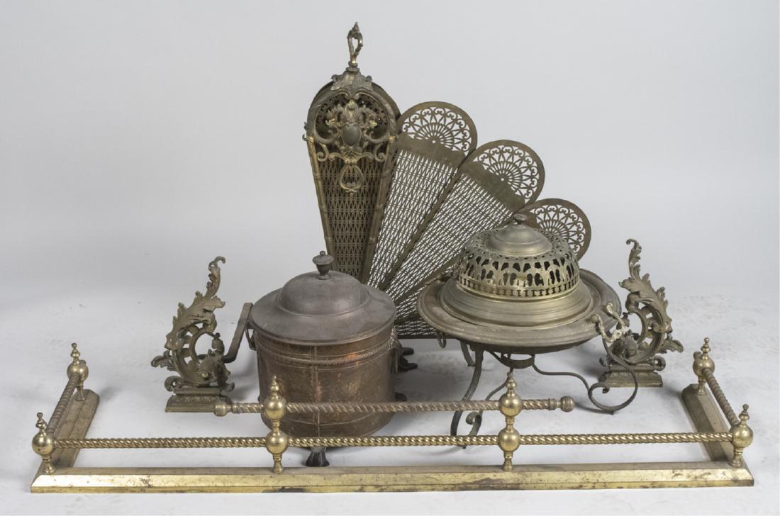 Brass Fireplace Suite: Including a brass fan screen (as is), fender and tools. Fender height 9 inches, width 54 inches, depth 13 inches. Notice to bidders: Condition reports and additional photographs are provided by reques