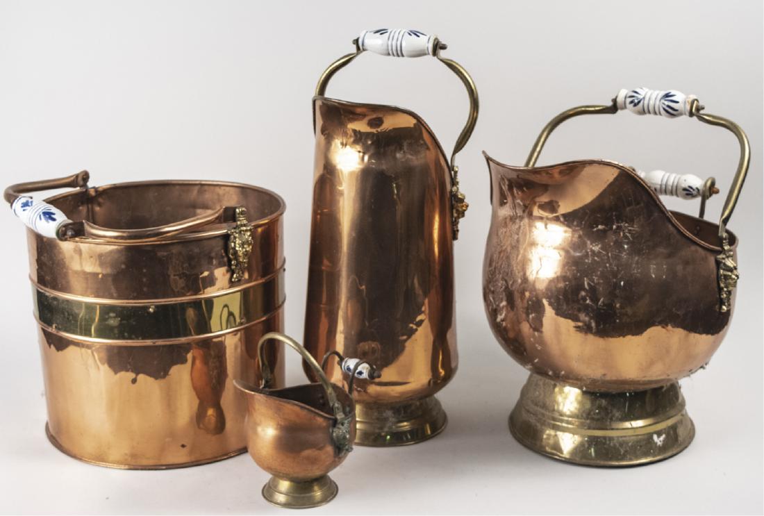 Four Copper Bins: Various shapes, all with blue and white ceramic handles. Tallest, height 22 inches. Notice to bidders: Condition reports and additional photographs are provided by request as a courtesy to our clients