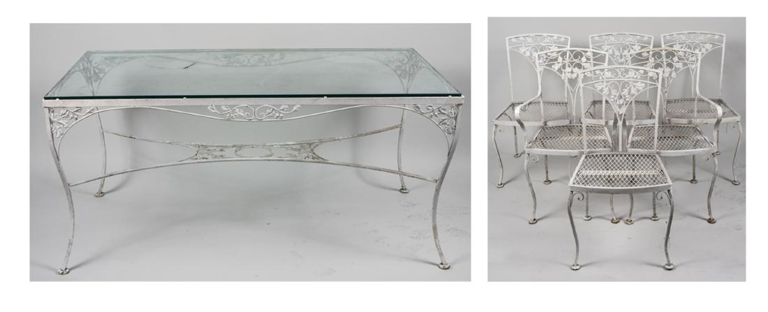 Cast Iron Garden Dining Suite: Table and six dining chairs. Height 29 inches, width 60 inches, depth 32 inches. Notice to bidders: Condition reports and additional photographs are provided by request as a courtesy to our clients, a