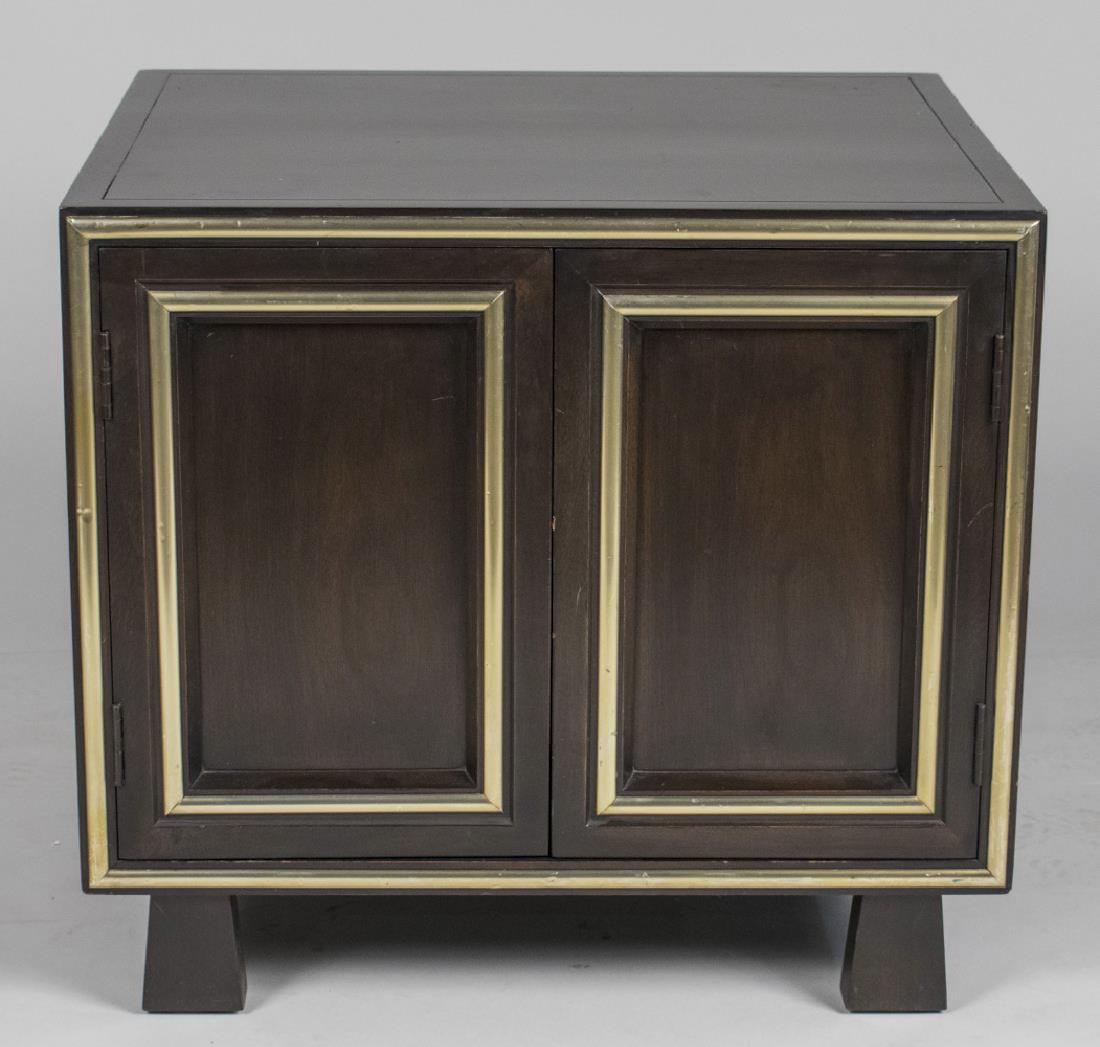 Side Table Cabinet: Rectangular top over two door cabinet with gilt molding decoration, block legs. Height 25 inches, width 28 inches, depth 24 inches. Notice to bidders: Condition reports and additional photographs are 