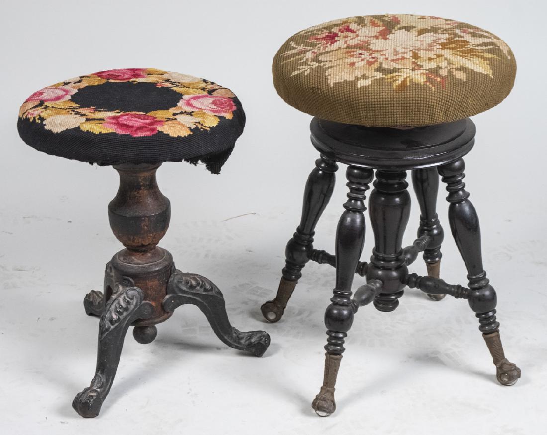 Two Victorian Piano Stools: One with glass ball and claw feet, the other with cast iron legs. Height 31 inches, diameter 15 incjhes. Notice to bidders: Condition reports and additional photographs are provided by request as a co