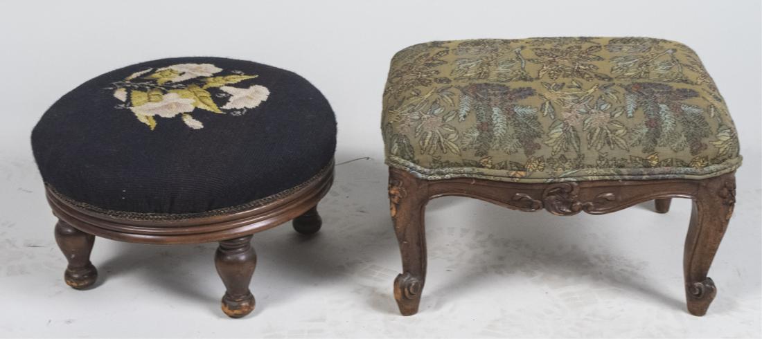 Two Footstools: One a needlepoint upholstered circular footstool with turned legs, ther other a rectangular stool with scrolled legs. Height 10 inches, width 16 inches, depth 12 inches. Notice to bidders: Condition r