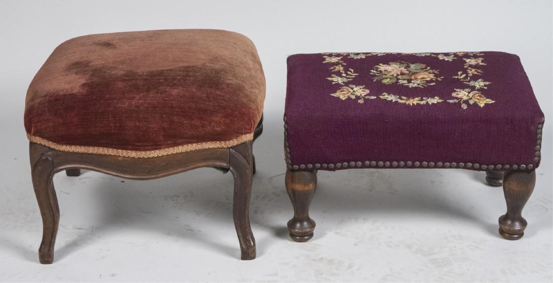 Two Vintage Upholstered Footstools: One, square with slightly cabriole legs, the other a needlework upholstered rectangular stool with turned legs. Height 12 inches, width 18 inches squared. Notice to bidders: Condition reports and addi