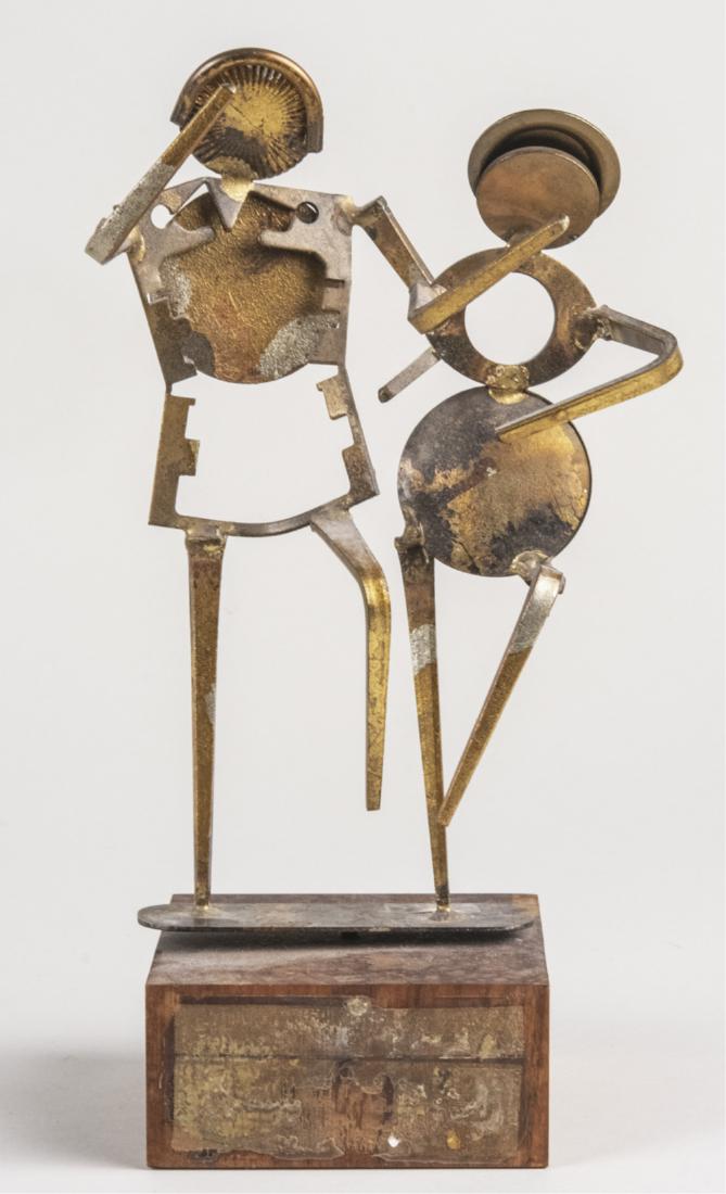 William Bowie (American, 1926-1994): Figures Walking. Steel, 20th century. Bowie label on base. Height 10 inches, with base 12 inches. Notice to bidders: Due to the nature of this particular online sale, the lots offered may not be avail