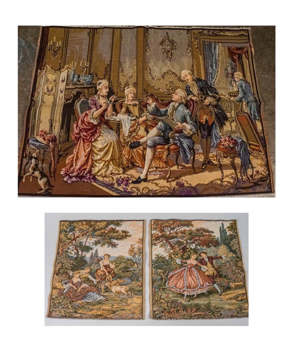 Three Gobelins Tapestries: 100% cotton, one depicting an 18th century interior scene with figures. 50 x 50 inches; together with two small tapestries of 18th century garden scenes, 18 x 15 inches., Notice to bidders: Due to the