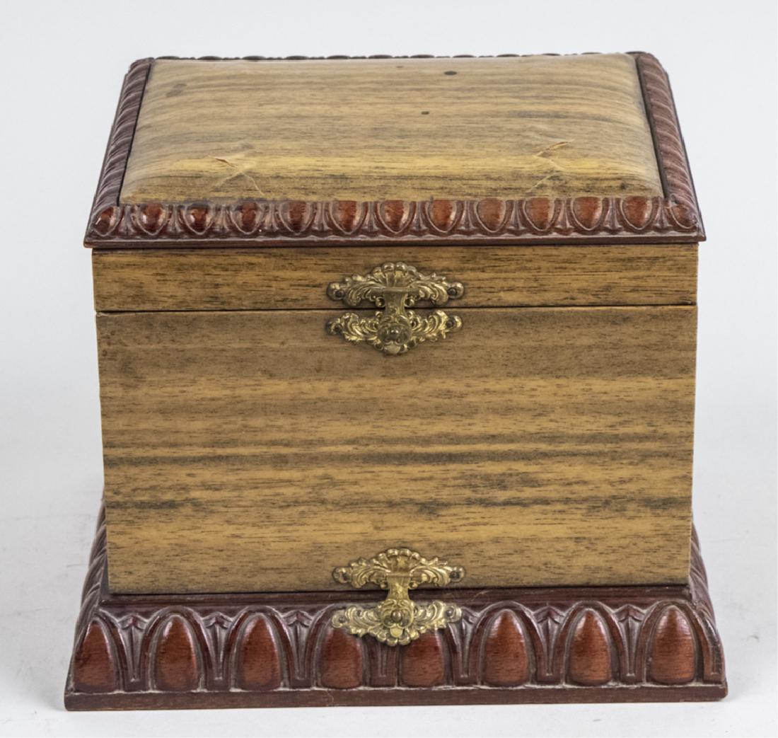Edwardian Collar Box: Height 7 1/2 inches, width 9 3/4 inches, depth 8 1/4 inches. Notice to bidders: Due to the nature of this particular online sale, the lots offered may not be available for detailed condition reports o