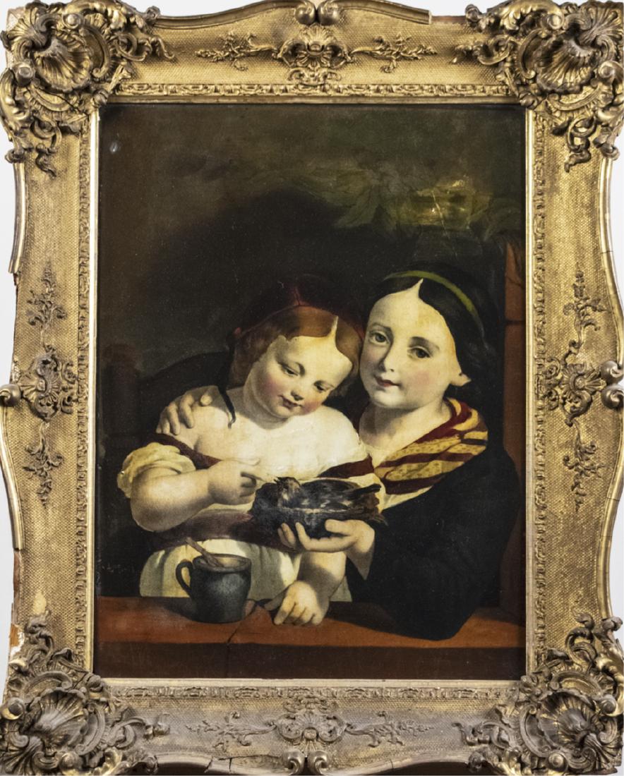 Continental School (19th Century): Two girls holding a bird. Glass transfer print. Period frame. Plate size, 24 x 18 inches. Frame size, 31 x 25 inches. Notice to bidders: Due to the nature of this particular online sale, the lots offe