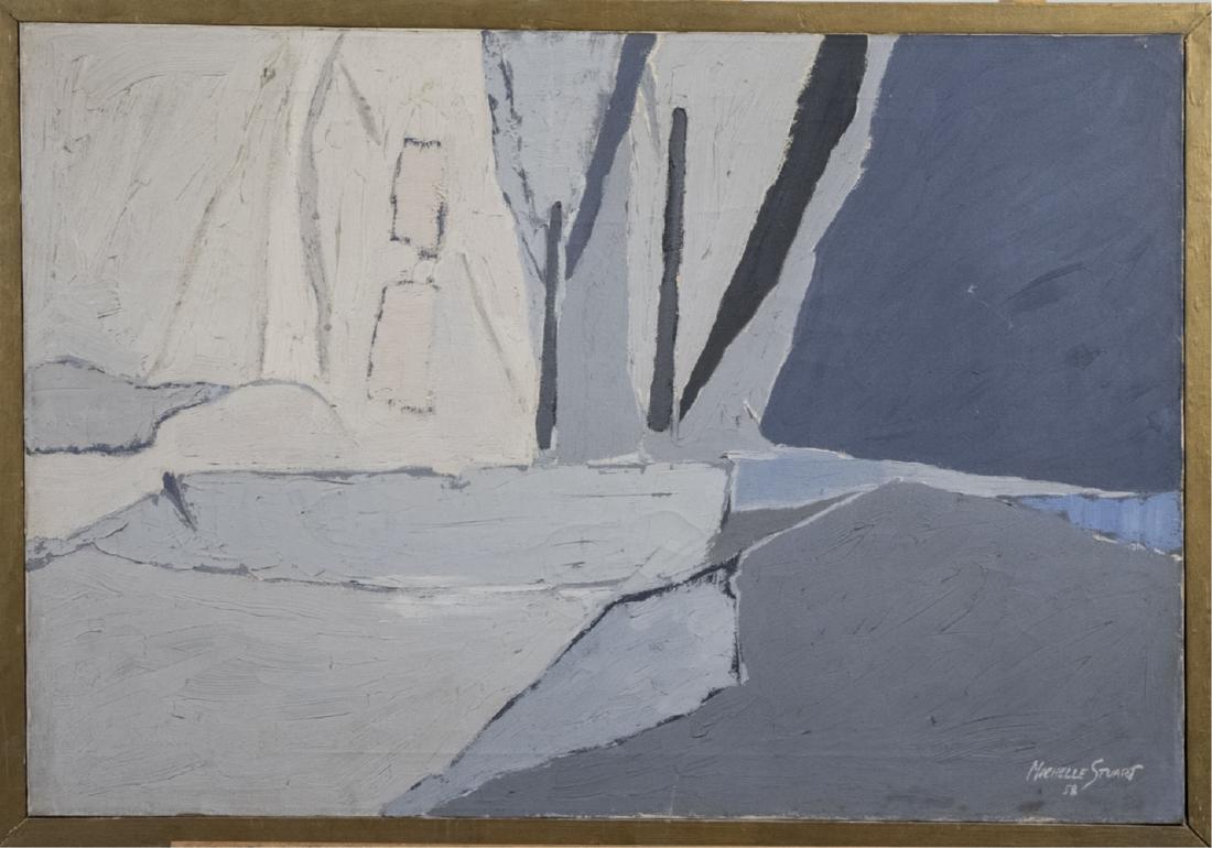 Michelle Stuart (American, b 1933): "Bank Weather." Oil on canvas. Signed M. Stuart at lower right. Signed Michelle Stuart and titled on the verso. Canvas size, 24 x 28 inches. Notice to bidders: Condition reports and additional photogr