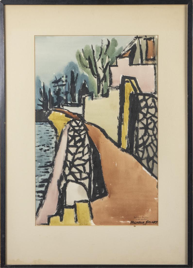 Michelle Stuart (American,b1933): Riverside scene. Watercolor on paper. Signed Michelle Stuart and dated 55. Frame size, 28 x 19 inches. Notice to bidders: Condition reports and additional photographs are provided by request as a cour