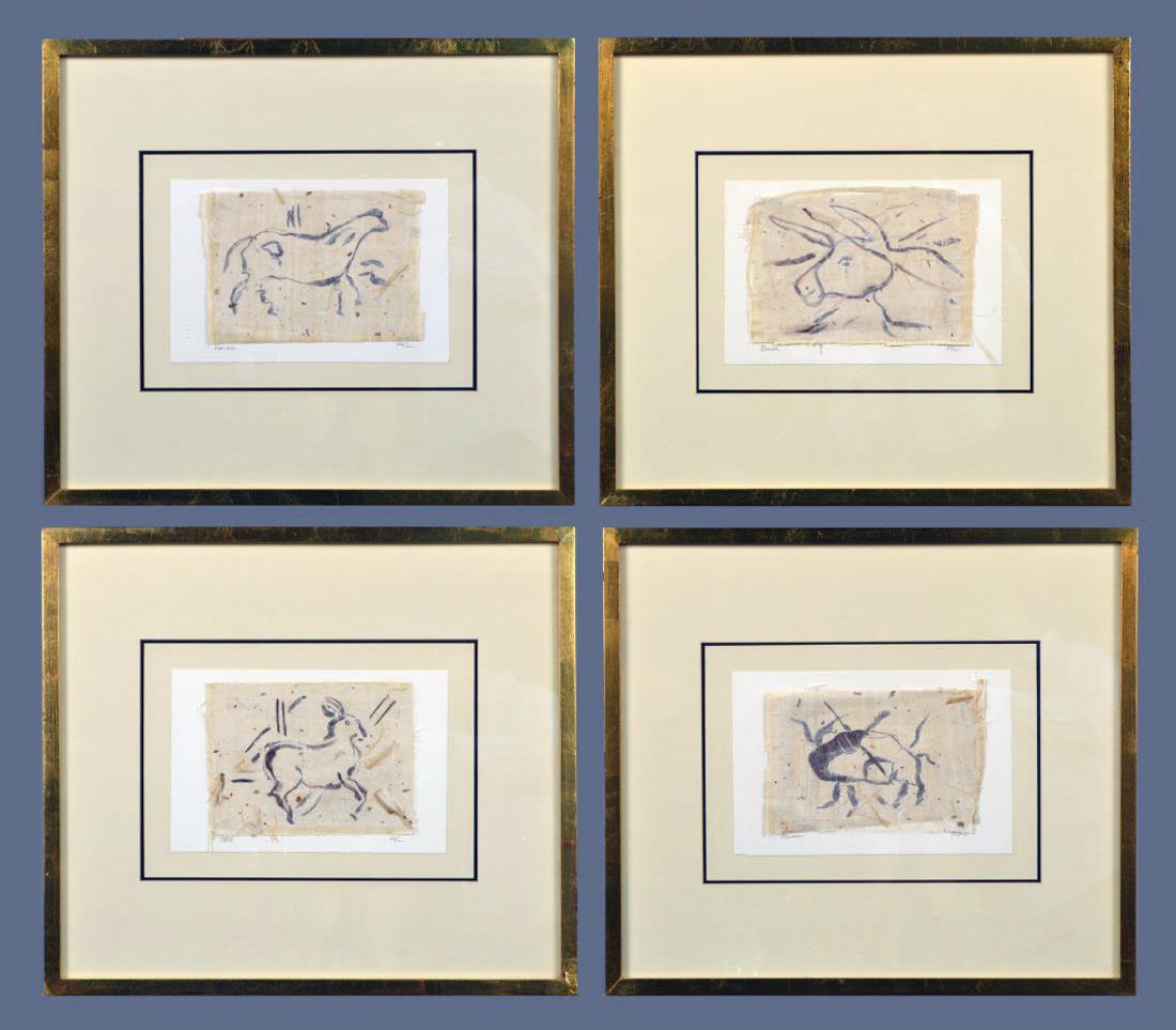 Group of Four Decorative Pictures: All depicting cave painting animals. Watercolor on paper. Each titled (l.l), and initialed "AR" (l.r.). Each sight size approximately 6 x 8 inches. Frame size 18 x 21 inches. All mounted and framed. N