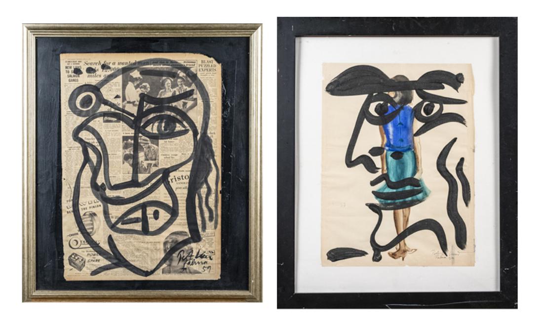 Two works by Peter Keil (German, b 1933): 1. Abstract figure. Ink on newspaper signed lower right. Frame size 28 1/2 x 24 1/2 inches. 2. "The Matador." Ink and gouache on paper. Signed and dated 59. Sheet size, 15 1/2 x 12 1/2 inches. Notice