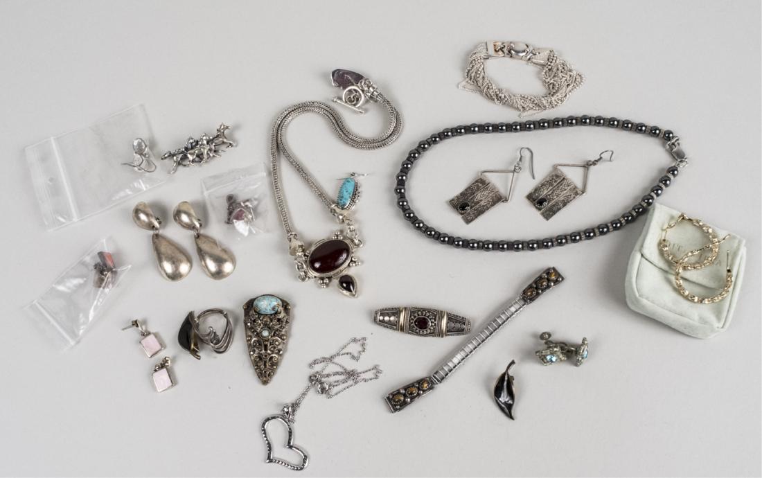 Group of Sterling Silver Jewelry: Various earrings, including a pair by Judith Ripka, necklaces, chain bracelet, hemitate bead necklace, etc. Notice to bidders: Condition reports and additional photographs are provided by request as a