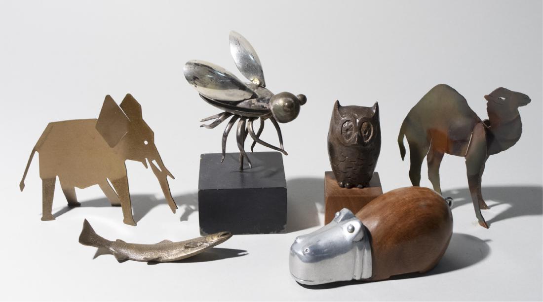 Group of Metal Animals: Including a spoon scullpture fly by Raul Zuniga for Casa del Arte 1971, a bronze fish signed Hunt River and dated 1984, an elephant signed MetalGlyphics, a bronze owl signed Bradley on wood base and d