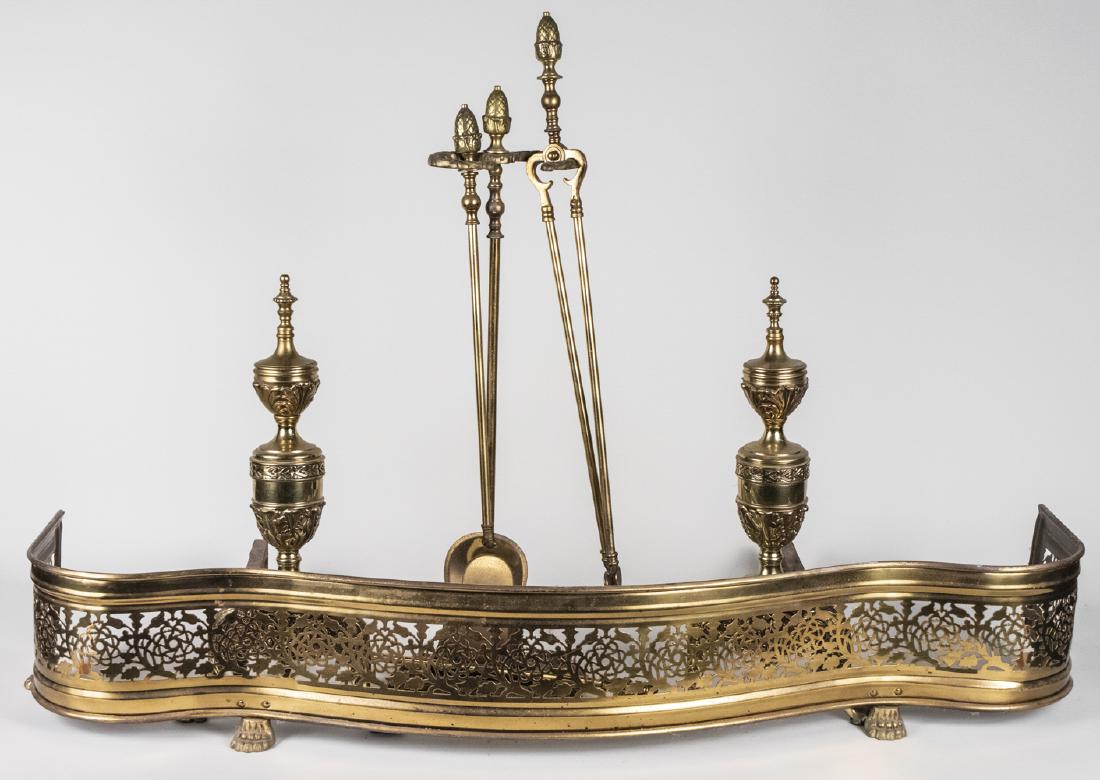 Brass Fireplace Set: Fender, pair of andirons and set of tools. Notice to bidders: Condition reports and additional photographs are provided by request as a courtesy to our clients, as such any condition report is only an