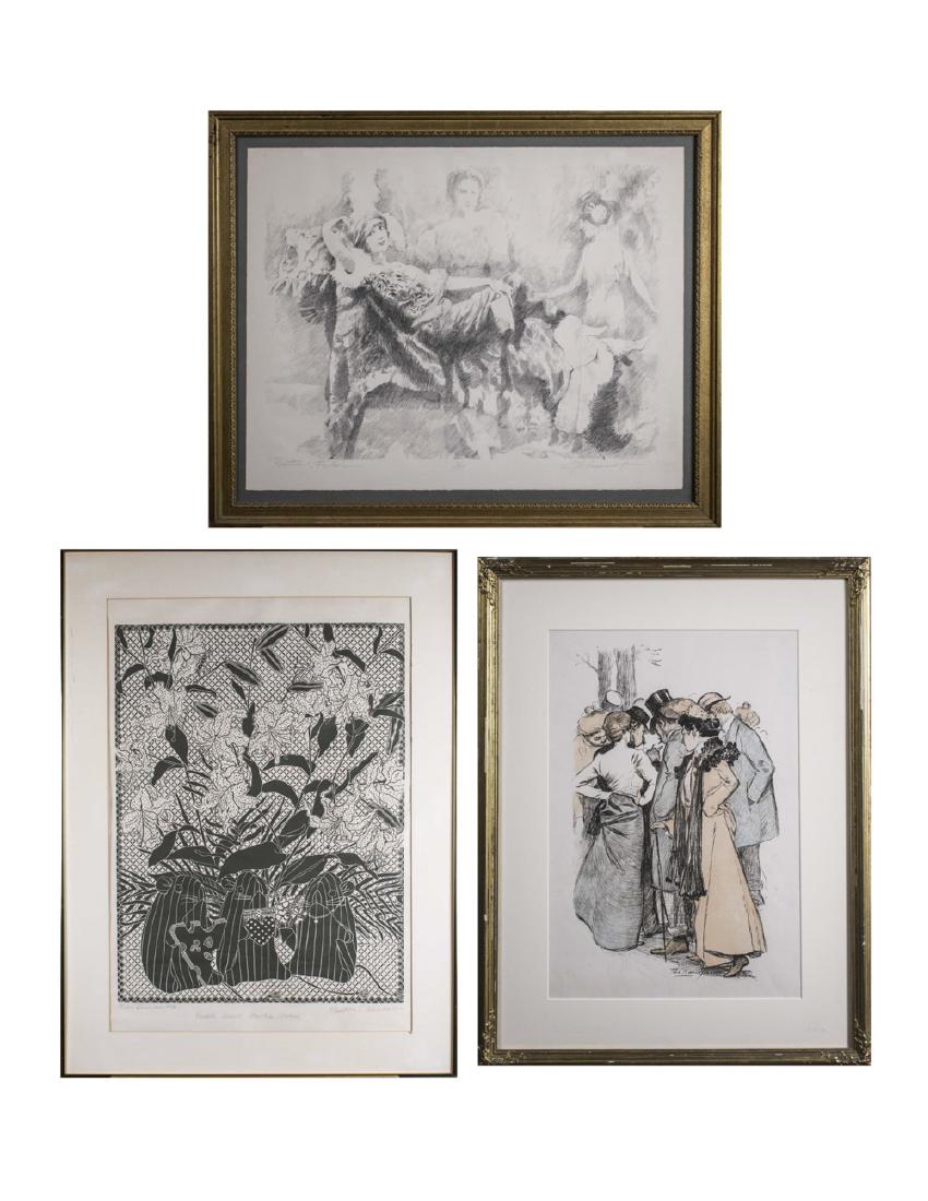 Three Decorative Prints (20th Century): (1) Louis Raemaekers (Dutch, 1869-1956) Hand-tipped etching, late 19th to early 20th century. Illegible signature (l.c.). Frame size 26 1/4 x 20 inches, sight size 18 3/4 x 12 1/2 inches. Matted and f