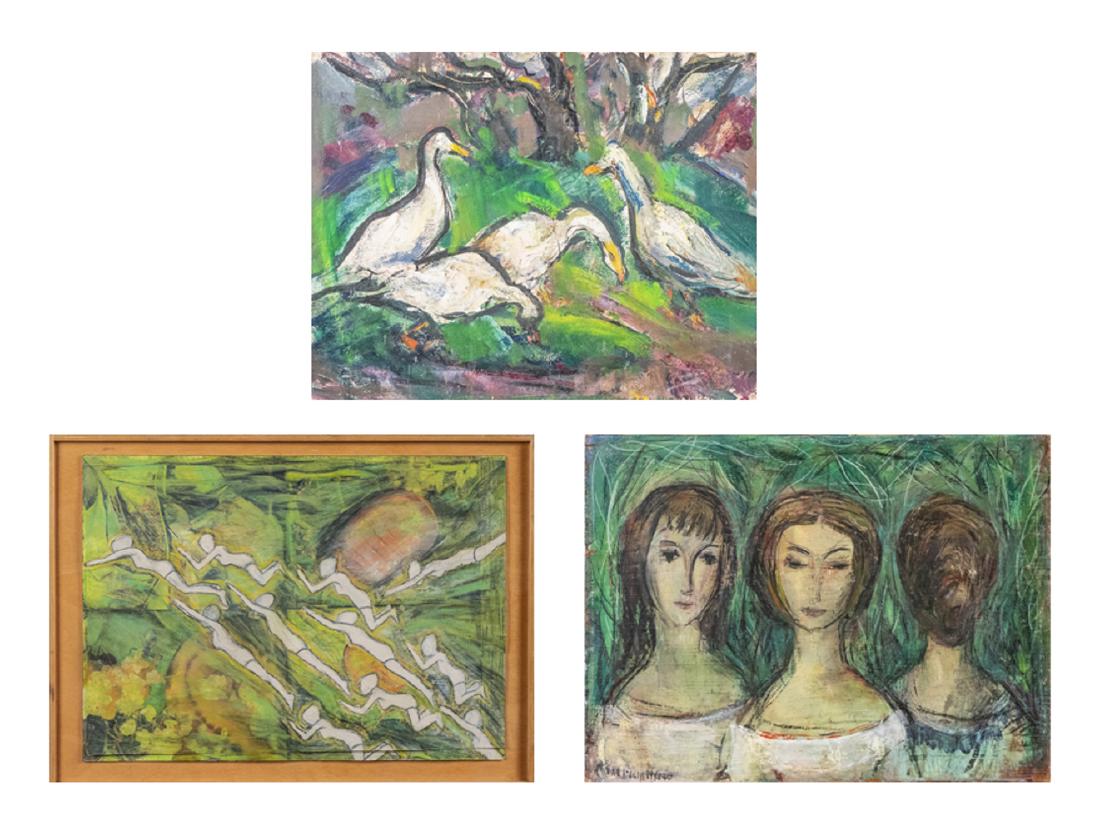 Marion Huse (American, 1896-1967): Two paintings by Huse with a third painting by unknown artist. 1. "Yard in Louveciennes." (Geese) Signed M. Huse . and titled on the verso. Oil on board. Board size, 14 1/2 x 18 1/2 inches. 2. Three w