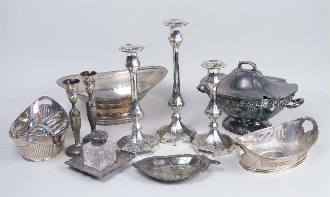 Group of Silver Plated Table Articles: Including a set of three candlesticks, bowls, etc. Tallest, height 14 1/2 inches. Notice to bidders: Due to the nature of this particular online sale, the lots offered may not be available for detaile
