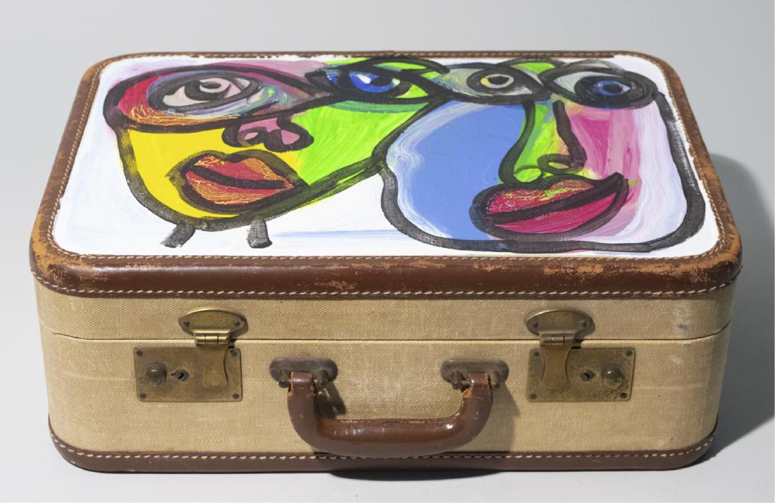 Peter Keil Painted Suitcase: Painted on two sides by Peter Keil (German, b, 1942) Inscribed to Mick Jagger. Height, 6 inches, width, 12 inches, length, 17 inches. Notice to bidders: Due to the nature of this particular online sal