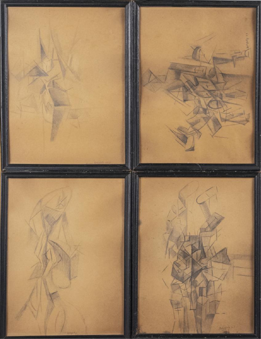 Norman Zykofsky (American, 20th Century): Four drawings of Cubist figures. Pencil on paper. Signed Norman Zykofsky 1963. Frame size, 13 x 10 inches. Notice to bidders: Due to the nature of this particular online sale, the lots offered may not