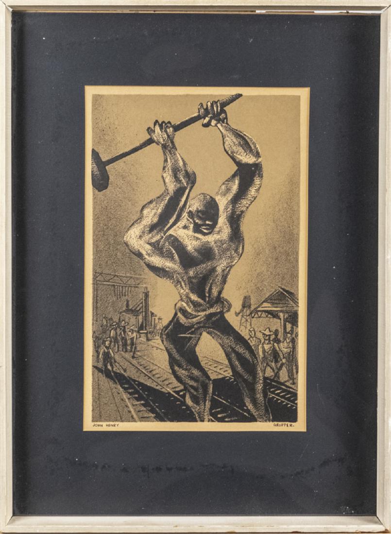 William Gropper (American, 1897 -1977): "John Henry" from the series, "American Folk Heroes," 1953. Frame size, 23 x 17 inches. Matted and framed. Provenance : Catlada Fine Art label on the verso. Notice to bidders: Condition reports and ad