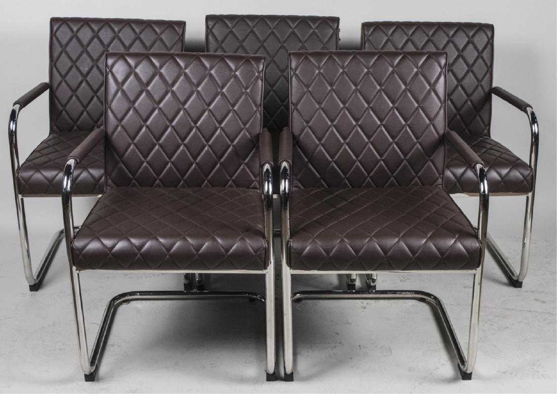 Set of Five Brueton Style Armchairs: Quilted upholstered backs and seats, with tubular chromed metal frames. Height 34 inches, width 22 inches, depth 23 inches. Notice to bidders: Condition reports and additional photographs are provided