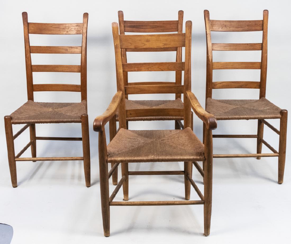 Set of Eight Ladder Back Chairs: Ladderback rush seat dining chairs, including two armchairs and six side chairs. Notice to bidders: Condition reports and additional photographs are provided by request as a courtesy to our clients, a