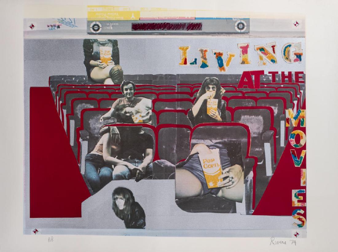 Larry Rivers (American, 1923 - 2002): "Living at the Movies." Lithograph on Rives BFK Signed Rivers 74. Stamp at lower left. Marked in pencil, AP . Sheet size 25 x 35 inches. Notice to bidders: Due to the nature of this particular online