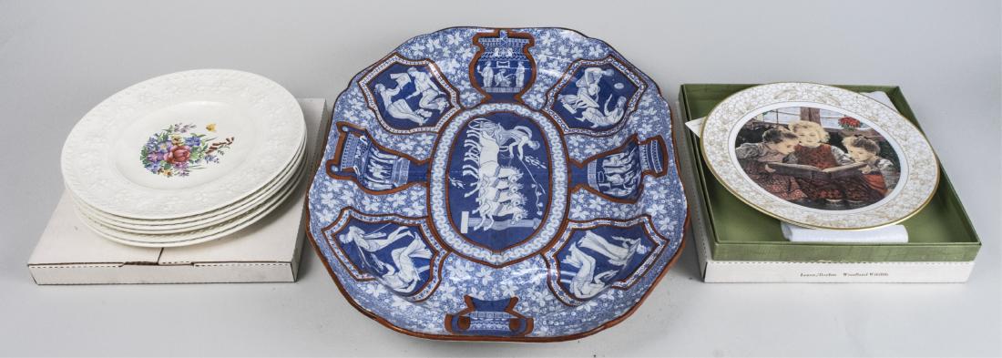 Group of Ceramic Table Articles: Including a ceramic meat tray, set of pottery plates, etc. Tray, length 20 1/2 inches. Notice to bidders: Due to the nature of this particular online sale, the lots offered may not be available for de