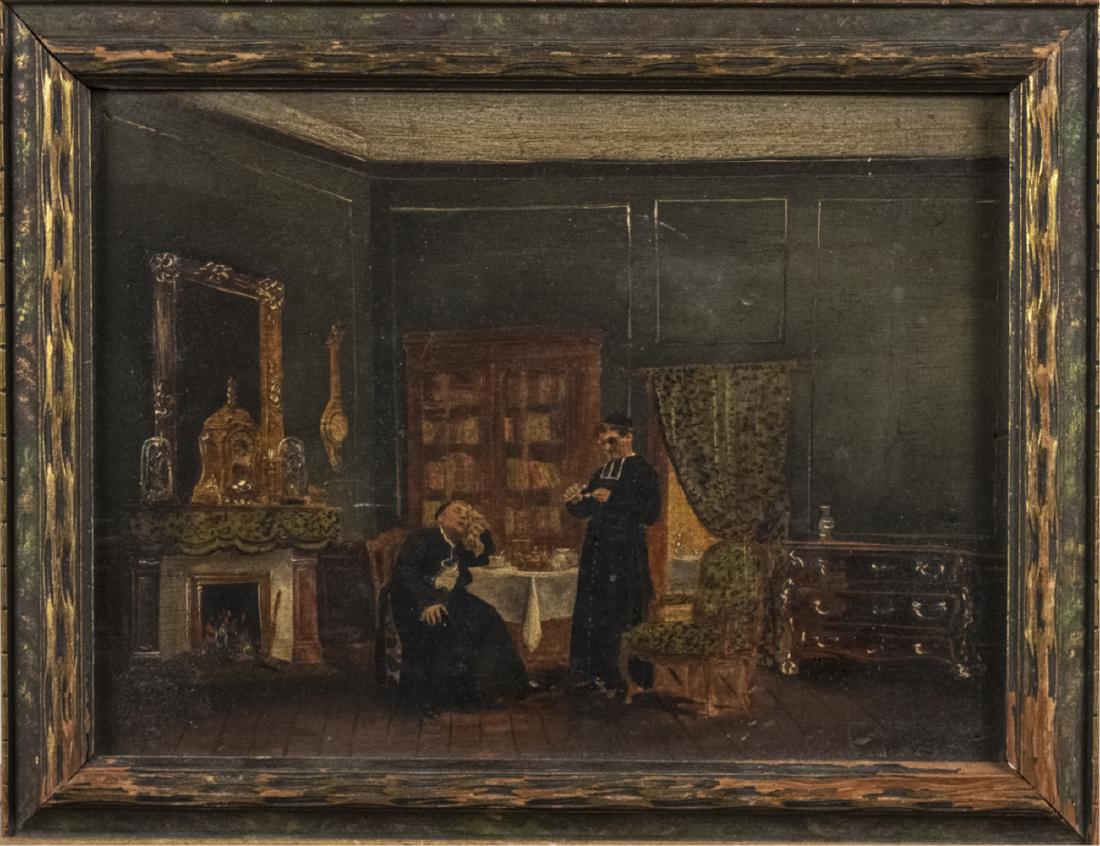 Continental School (19th Century): Two priests in a drawing room. Oil on board. Board size, 5 1/2 x 7 1/2 inches. Framed. Notice to bidders: Due to the nature of this particular online sale, the lots offered may not be available for de
