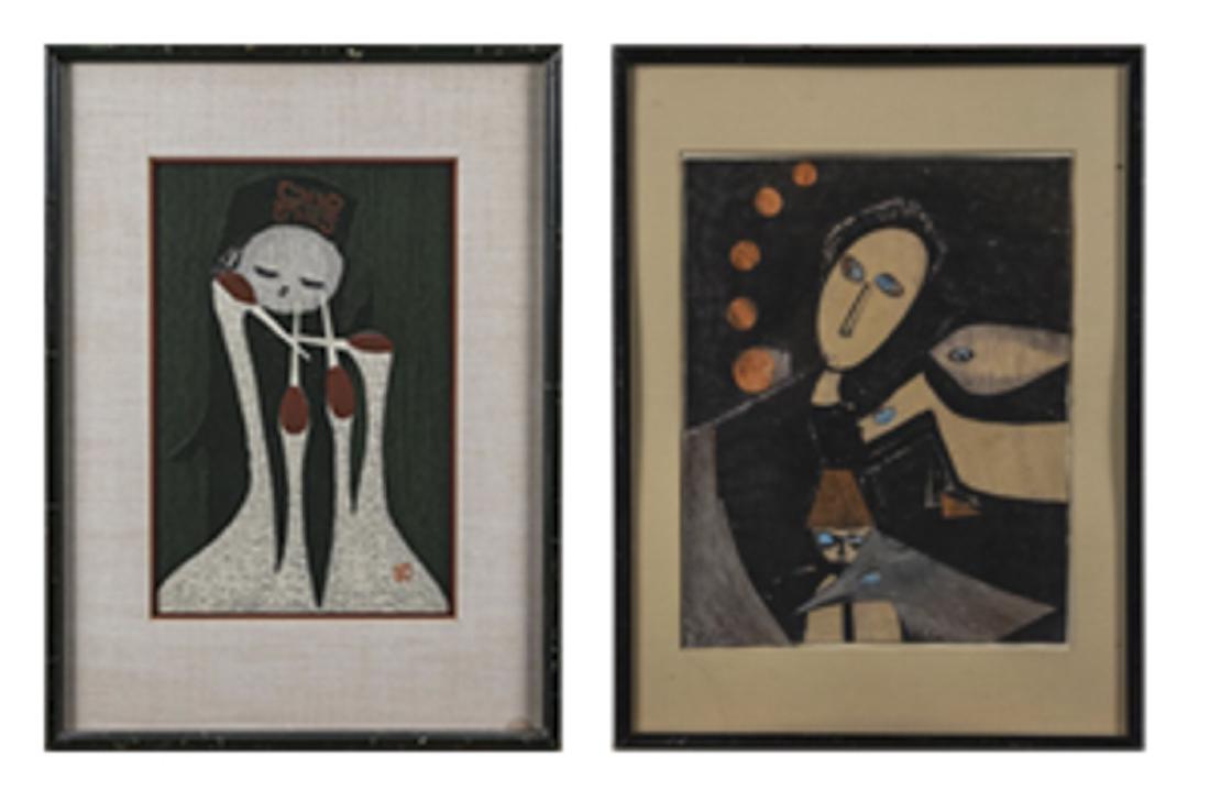 Kaoru Kawano (Japanese, 1916 - 1965): Figure with three cranes. Woodblock on paper. Signed in pencil and stamped at lower right. Sight size, 14 1/2 x 9 1/2. Frame size, 23 x 17 inches. Matted and framed. with a collage depicting figures a