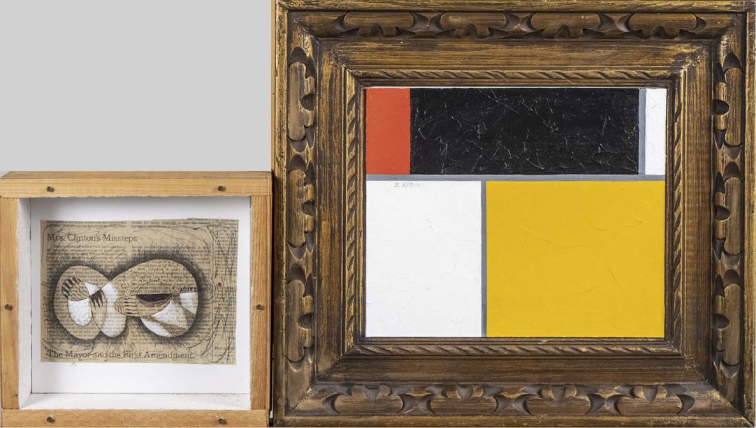 Two Works by Seymour Zayon (American, b 1930): 1. Rectangles in the manner of Mondrian. Oil on board. Signed Zayon. Board size, 12 x 10 inches. 2. Abstract drawing on newspaper. Signed at center. Mounted in a shadow box frame. Frame size, 9 1/2 x 