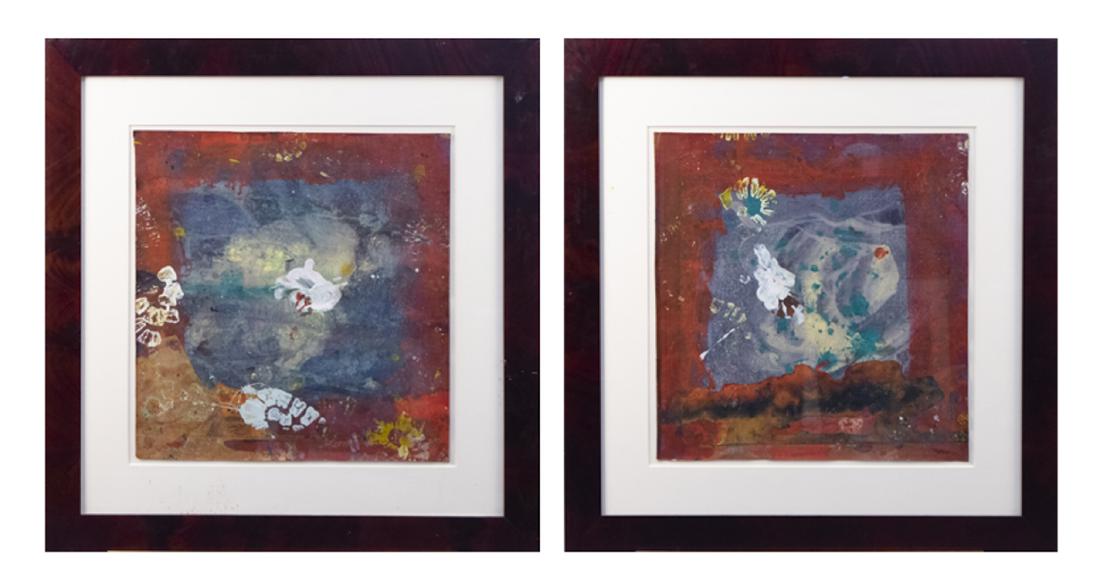 Jamali (Pakistani/American, b 1944): Pair of abstract paintings. Acrylic on cork sheet. Sheet size, 20 x 20 inches. Frame size 32 x 31 inches. Matted and framed. Notice to bidders: Due to the nature of this particular online sale, the lo