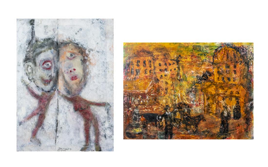 Bernard (20th Century): 1. Abstract street scene. Oil on masoite. 21st Century, Signed "Bernard" and dated 2004. Board size, 18 x 24 inches. 2. Two heads. Oil on board. Signed "Bernard" and dated 2004. Board size, 27 x 20 in