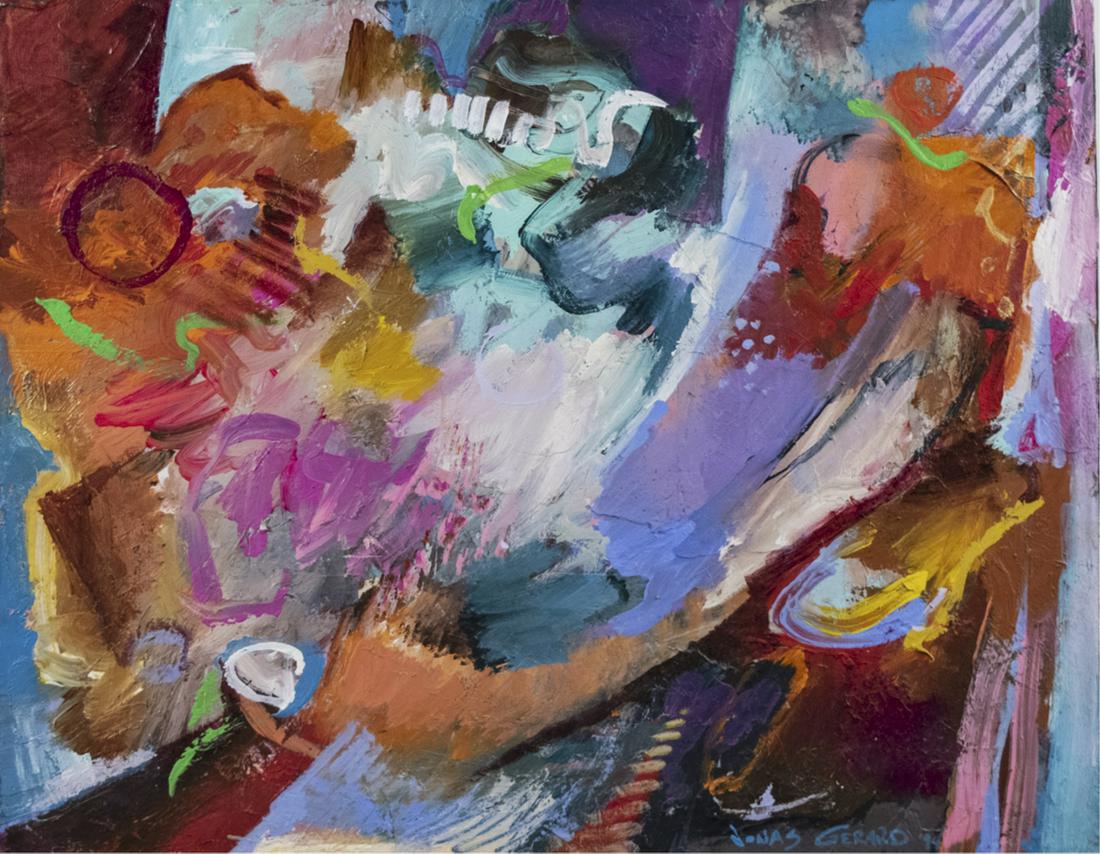 Jonas Gerard (American, b. 1941)): "In a Jazzy Mood" Siged and dated 1994. Canvas size, 22 x 28 inches. Notice to bidders: Condition reports and additional photographs are provided by request as a courtesy to our clients, as such any c