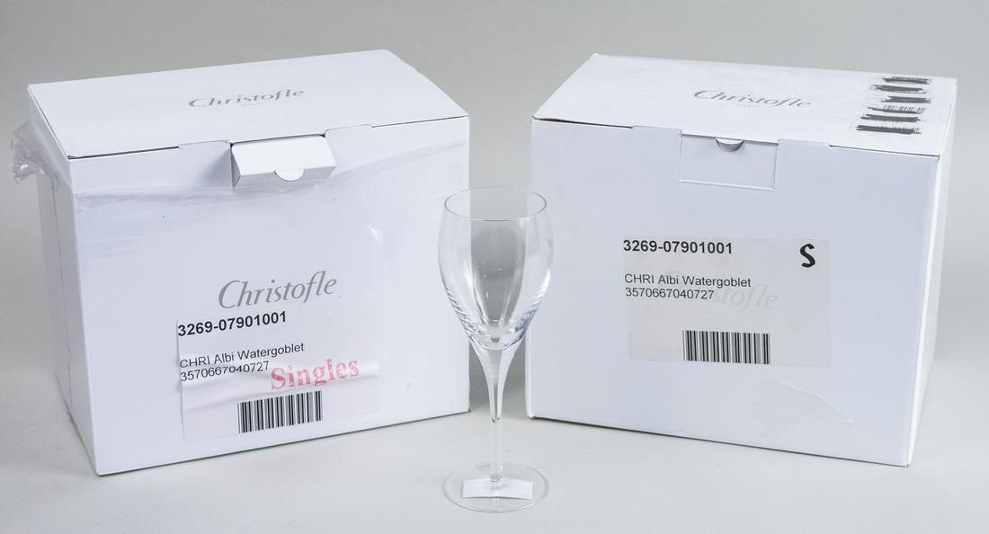 Christofle Albe Water Goblets: Eleven pieces in two boxes Notice to bidders: Condition reports and additional photographs are provided by request as a courtesy to our clients, as such any condition report is only an opinion and sho