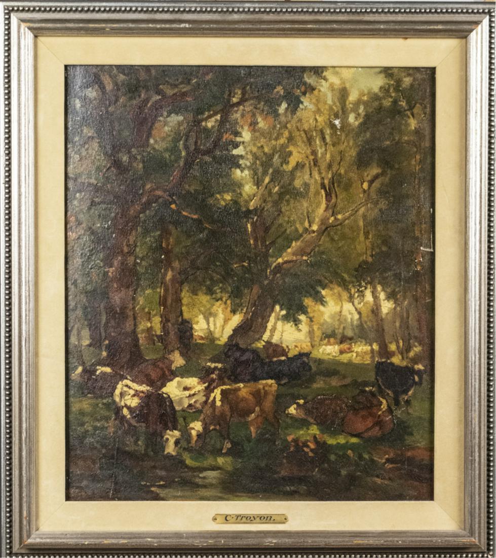 Constant Troyon (French, 1810 - 1865: Cows in pasture. Oil on board. Unsigned. Title plate "C. Troyon." Board size, 17 1/2 x 15. Frame size, 22 x 20 inches. Notice to bidders: Due to the nature of this particular online sale, the lots off