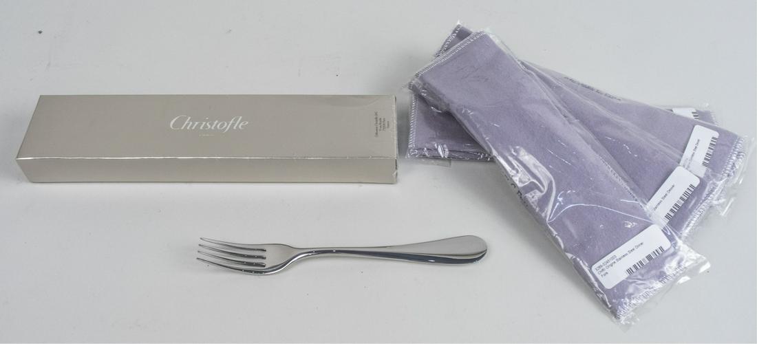 Christofle Origine Stainless Steel Flatware: Comprising three dinner forks, a serving fork, a dinner knife, and a dessert spoon. Notice to bidders: Due to the nature of this particular online sale, the lots offered may not be available for detai