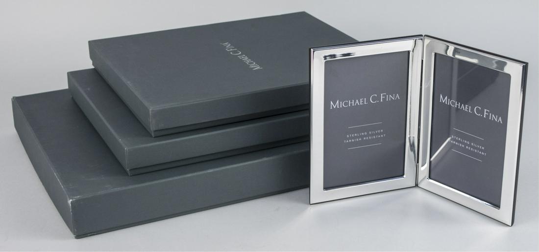 Set of Three Michael C Fina Silver Picture Frames: Manhattan pattern, including a pair of double 4 x 6 frames and a double 8 x 10 frame. Notice to bidders: Due to the nature of this particular online sale, the lots offered may not be available for det